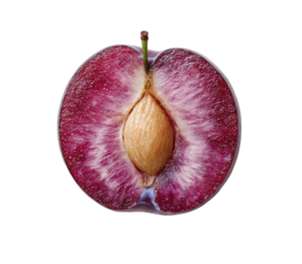Close-up of a halved, vibrant purple plum