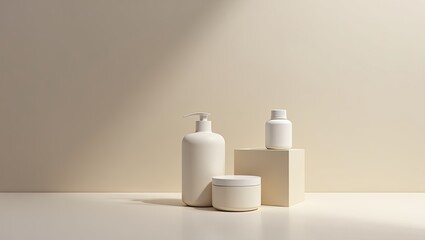 Minimalist display of cream-colored cosmetic containers on a light beige surface.
