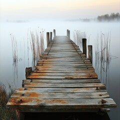 Obraz premium Weathered wooden pier extending into a foggy lake with reeds