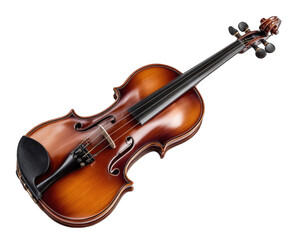Wooden violin, rich brown hue, angled view