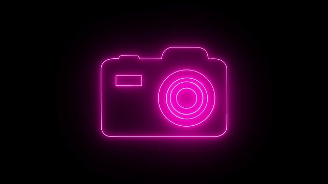 Digital blue color camera neon outline with wireless connection isolated on black background 4k video animation