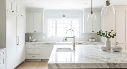 A bright kitchen features white cabinets a marble countertop and a stainless steel faucet beneath a window Two pendant lights hang above