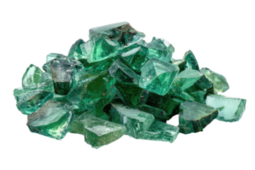 A pile of emerald green, faceted glass shards