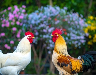 Fototapeta premium Two roosters face each other in garden