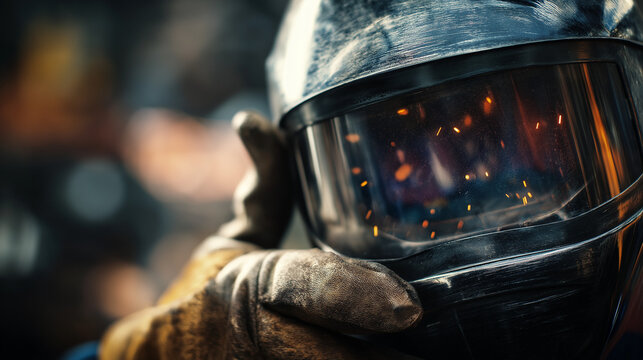 Close-up, cinematic shot of a welder's face shield reflecting the intense light of the welding arc, with a blurry, industrial mining background, detailed textures on the helmet and gloves, full HD, Ad