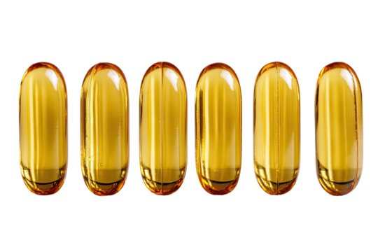 Row of five translucent, golden-orange capsules