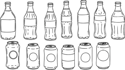 Collection of soda bottles and cans vector outline set with blank labels 
