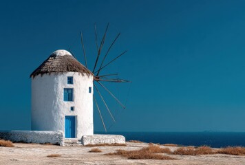A picturesque white lighthouse with a black roof situated on a rocky shoreline against a clear blue sky, overlooking the ocean