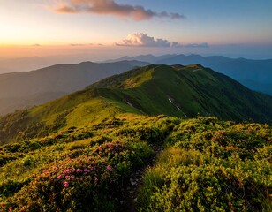 Mountain range at sunrise. Lush greenery, pink flowers