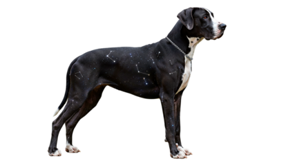 A great dane with constellations on its body against a black backdrop