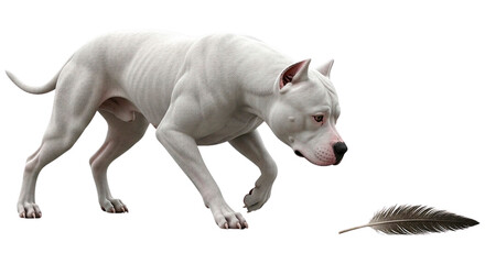 Obraz premium White dogo argentino looking at a feather on a black background