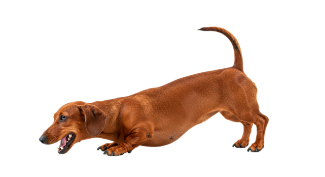 A dachshund with its mouth open and tail raised on a black background