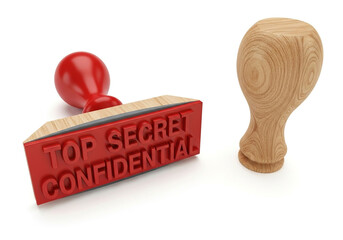 Top secret confidential rubber stamp and handle on white background