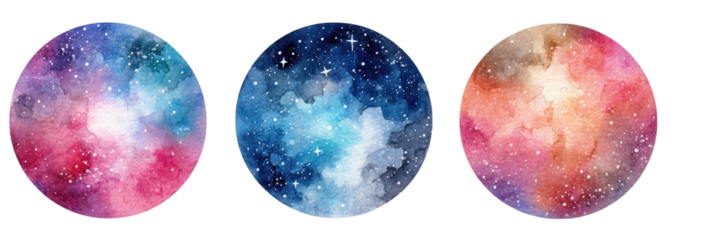 Three circular watercolor-style depictions of galaxies, featuring vibrant colors and speckled stars