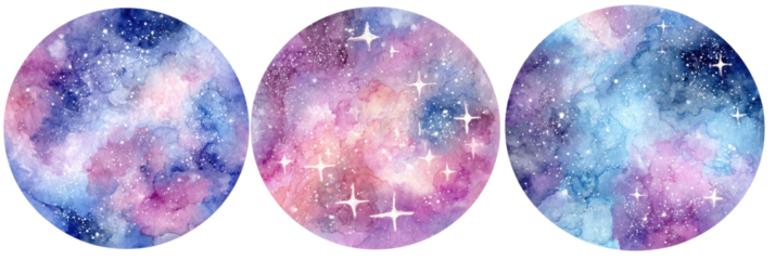 Three circular watercolor-style galaxy images.  Pastel purple, pink, and blue nebulae with scattered bright stars