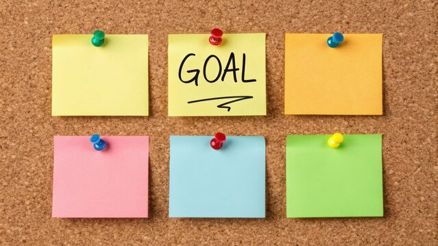 long term student goals concept. Colorful sticky notes on corkboard with the word "GOAL" highlighted.