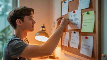 long term student goals concept. Young man organizing notes on a pinboard for study goals.