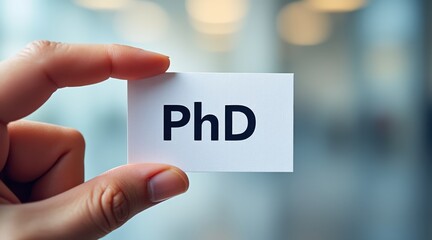 long term student goals concept. Hand holding a card displaying "PhD" in a blurred background.