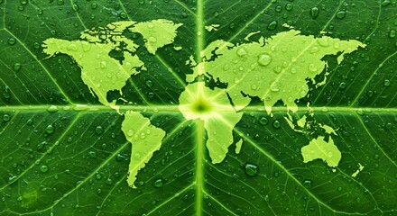 Green World Map Imprinted on Fresh Leaf Surface with Water Droplets