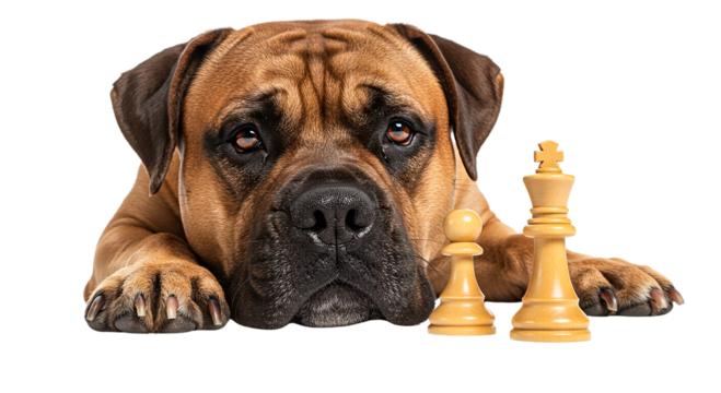 A large brown dog lying down with chess pieces in front of it