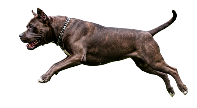 A brindle pitbull running with a silver chain collar on black background