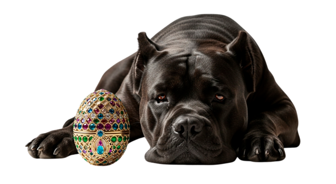 A cane corso dog resting its head next to a jeweled easter egg object