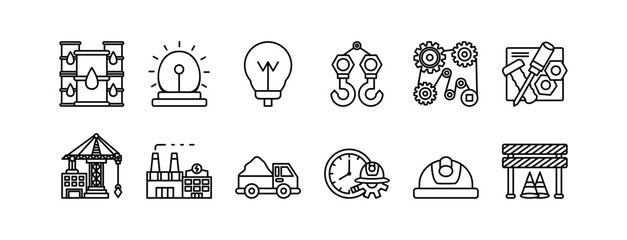 Set of outline vector icons related to construction, industry, and engineering, Includes factory, helmet, gear, crane, truck, tools, barrier, siren, and more, for architecture or industrial projects