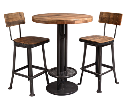 Round wood top table and two stools with industrial metal base