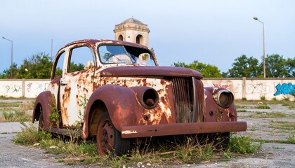Rusty vintage car abandoned in a lot