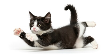 Black and white kitten lying on its side paws extended against a plain white background