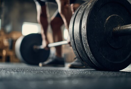 Close-up of a person lifting a heavy barbell with weights during a strength training workout in a gym setting