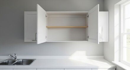 Open white kitchen cabinet with a wooden shelf over a sink bathed in natural light