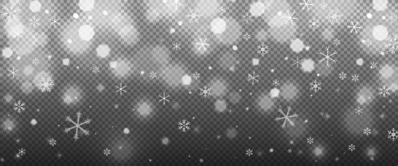 Falling Christmas snow flakes with glowing bokeh lights on transparent background. Winter Christmas and New Year decoration effect overlay. Stock vector illustration in realistic style.
