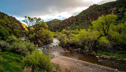 Mountain river valley at sunset