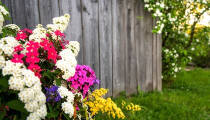 A vibrant display of colorful flowers in front of a weathered gray wooden fence, bathed in natural light.
