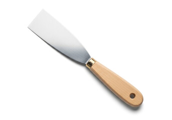 A metal putty knife with a wooden handle on a white background