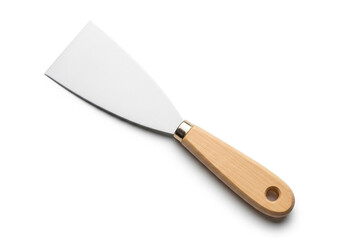 A metal putty knife with a wooden handle on a white background