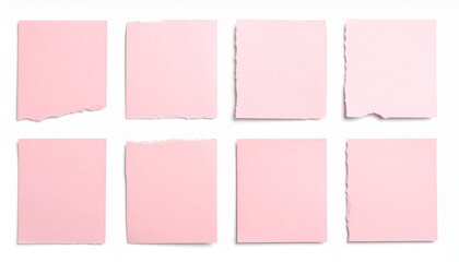 Square-shaped pink paper scraps neatly arranged on a clean white background, creating a simple yet playful geometric composition