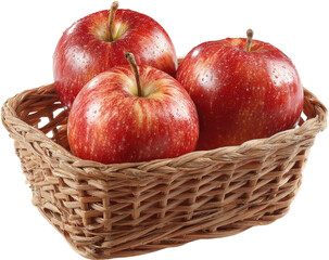 Three red apples in a shallow wicker basket