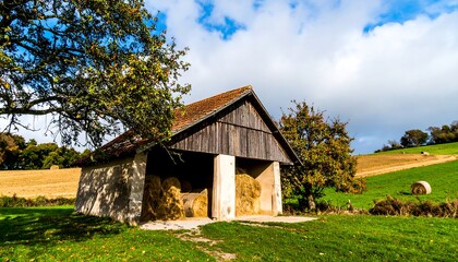 Obraz premium Rustic barn nestled in a verdant, autumnal landscape.
