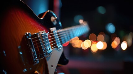 Fototapeta premium Close-up of a person playing an electric guitar at night with colorful bokeh lights in the background