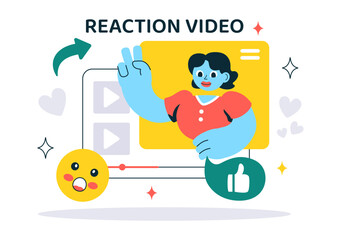 Reaction Video Vector Illustration featuring a Smartphone with a Viral Video and People Giving Likes and Reactions on Social Media in a Background