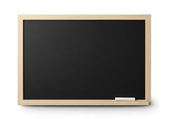 Blank black chalkboard with wooden frame and chalk piece