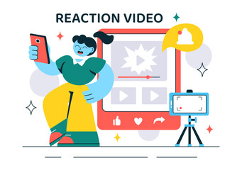 Reaction Video Vector Illustration featuring a Smartphone with a Viral Video and People Giving Likes and Reactions on Social Media in a Background