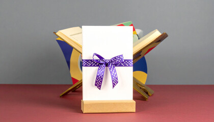 Blank Card with Bow on Book: A pristine white card adorned with a delicate purple bow rests in front of an open, colorful book, suggesting an invitation or message, perfect for a personalized touch.