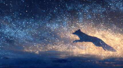 Fototapeta premium Cat flying through sky stars, navy