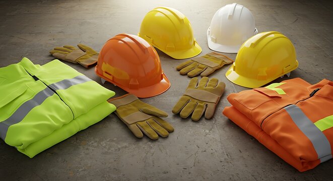 Construction Safety Gear Displayed on a Concrete Surface Helmets, Gloves, and High-Visibility Vests - Powered by Adobe