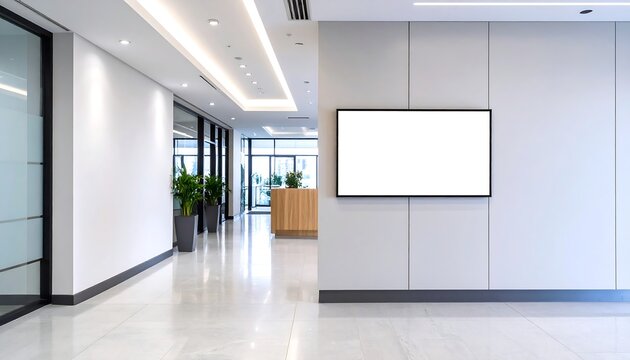 Empty modern office hallway features blank screen display for advertising, reflecting light on polished floor, creating a clean, professional atmosphere.