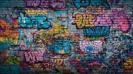 A Textured Brick Wall Canvas Adorned with Colorful Graffiti in a City Landscape