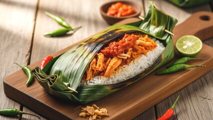 Nasi bakar (Indonesian for "burned or grilled rice") refer to steamed rice seasoned with spices and ingredients and wrapped in banana leaf.